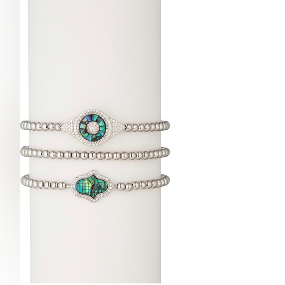 Eye Candy Hamsa and Evil Eye Abalone Stretch Bracelets- Set of 3 - Picture 1 of 5